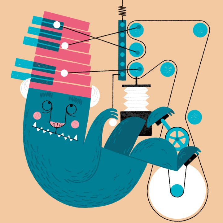 Abstract illustration of a creature operating a machine connected to piano keys