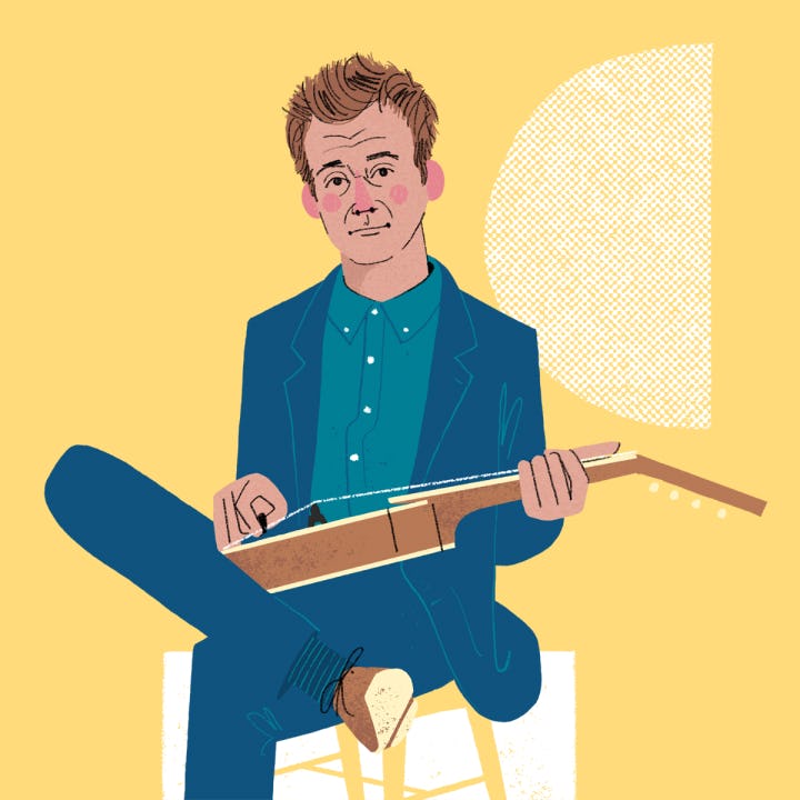 Illustrated portrait of Chris Thile with a mandolin