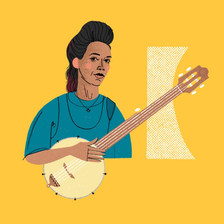 Illustrated portrait of Rhiannon Giddens with a banjo