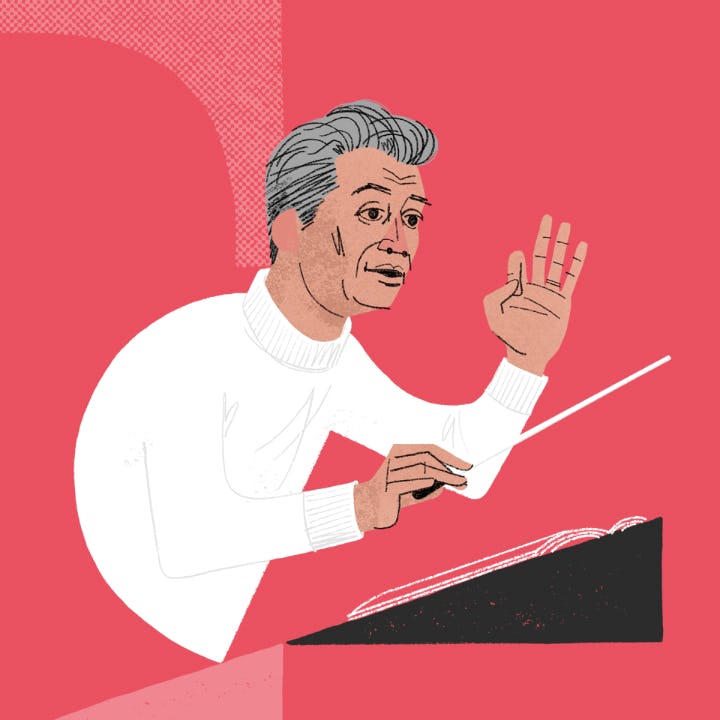 Illustrated portrait of Leonard Bernstein conducting with a baton