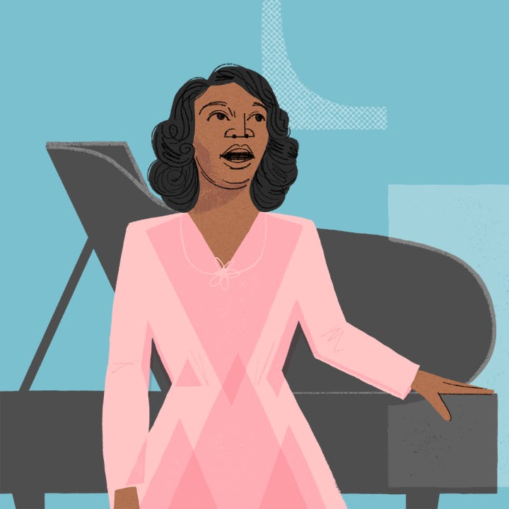 Illustrated portrait of Marian Anderson singing in front of a piano