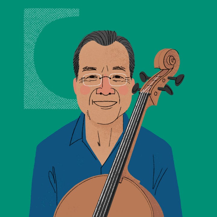 Illustrated portrait of Yo-Yo Ma with a cello
