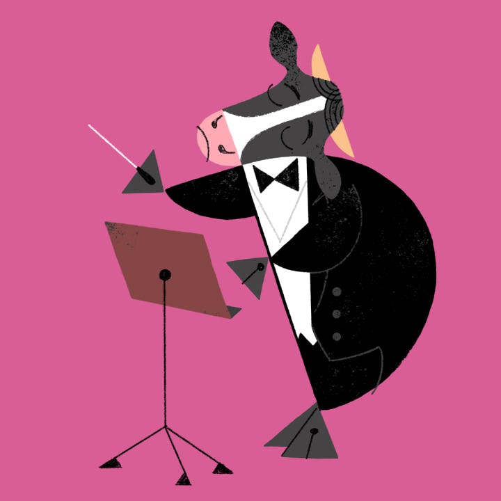 Illustration of a bull in a tuxedo conducting with a baton in front of a music stand