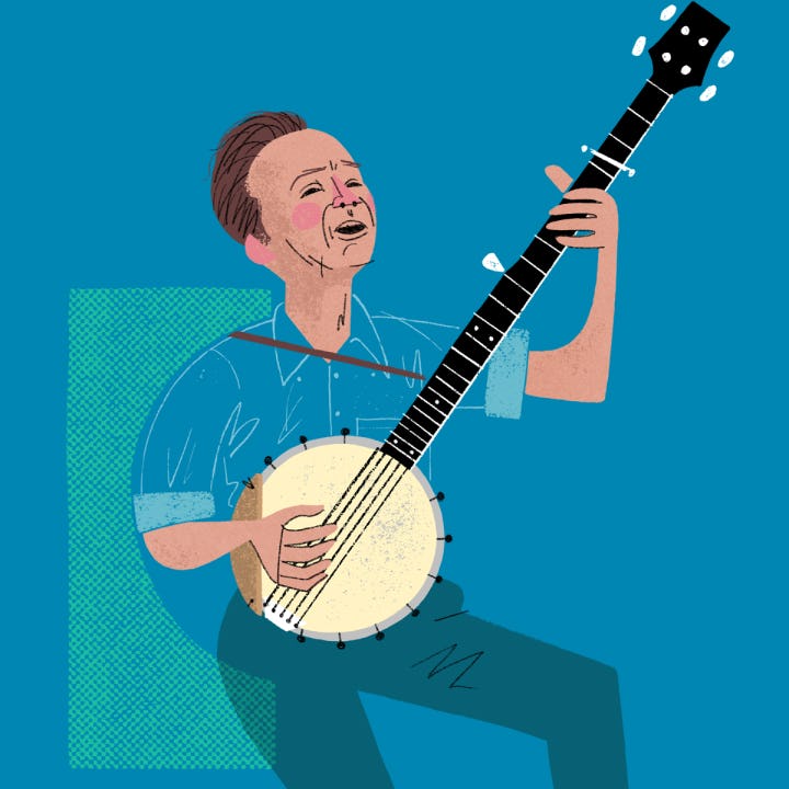 Illustrated portrait of Pete Seeger with a banjo