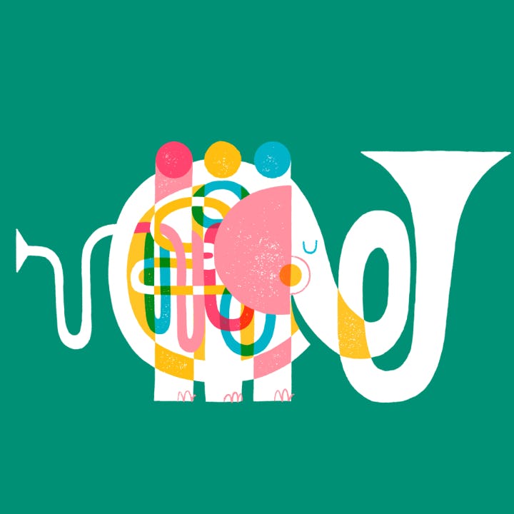 Abstract illustration of an elephant resembling a composite of various brass instruments