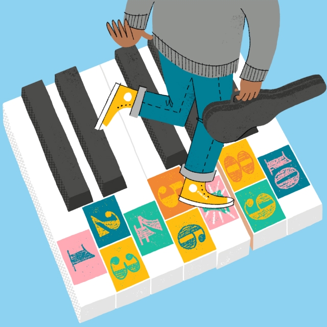 Illustration of a person holding a violin case while jumping on a hopscotch pattern painted on giant piano keys