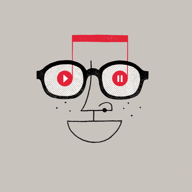Illustration of smiling face with glasses, two eighth notes, a play button, and a pause button